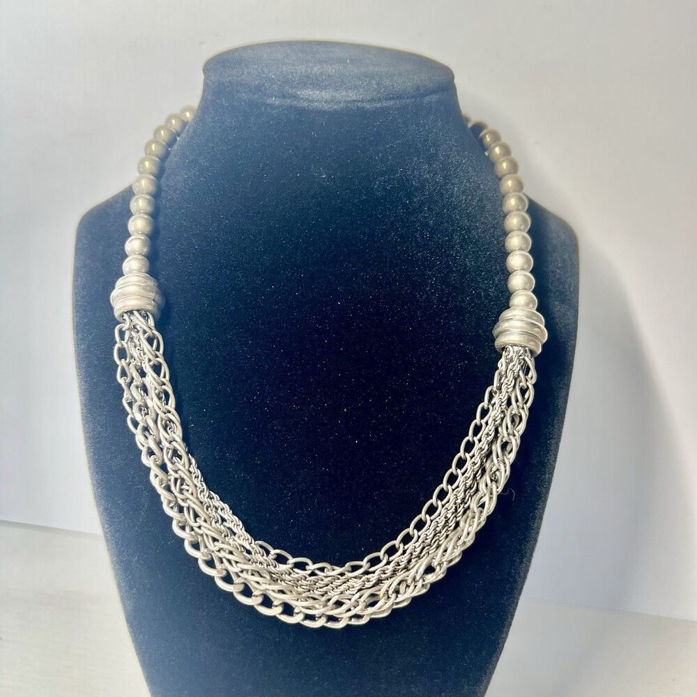 Vintage Korea Multi Strand Chain Bead Statement Necklace Silver Tone Rhonda’s